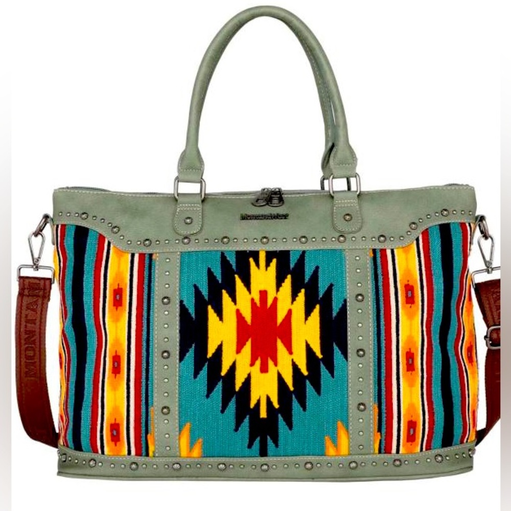 Montana West Green Tote with Aztec Multicolor Pattern